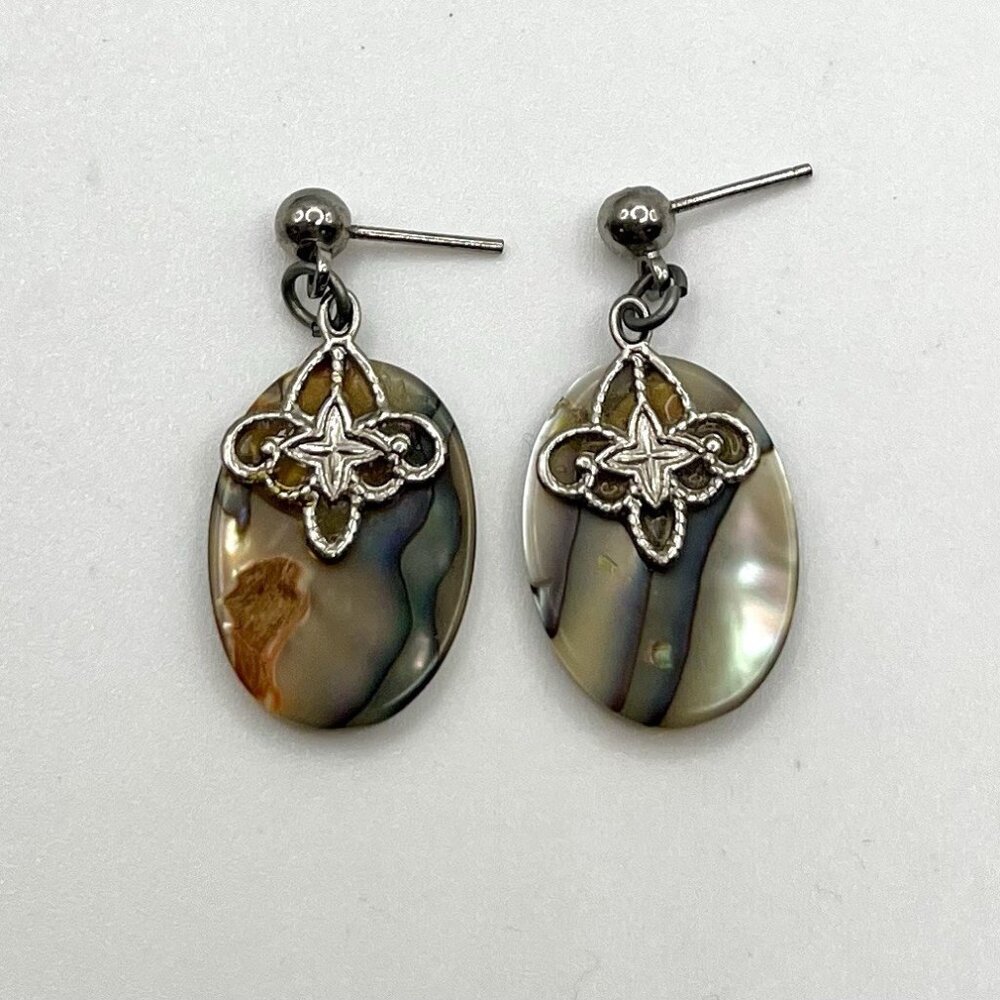 Abalone Shell Dangle Earrings Fleur De Lis Drop Iridescent Boho Coastal Beach